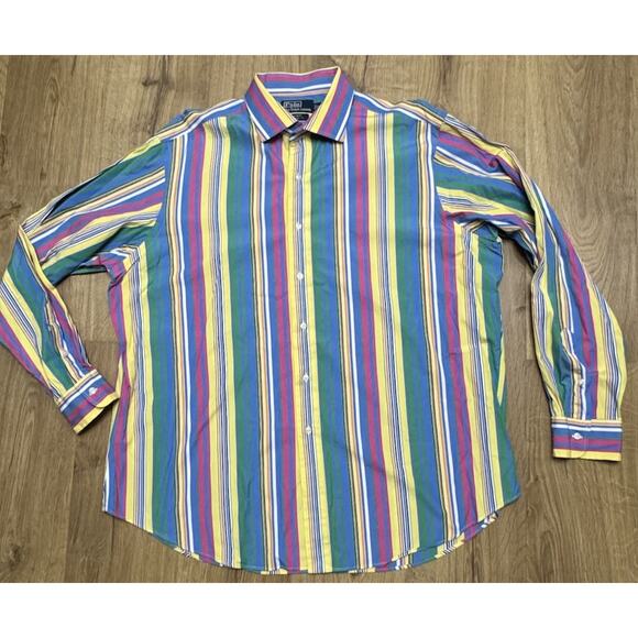 Vintage Ralph Lauren Shirt Mens XXL Yellow Green Striped Button 90s Y2K Regent - Picture 1 of 8